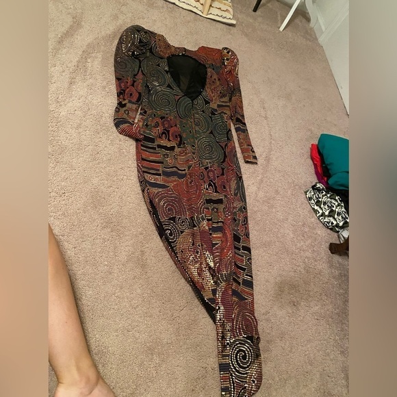 Janine- Designer Vintage Long-Sleeve Multicolored Mosaic Cocktail Midi Dress - Picture 10 of 12